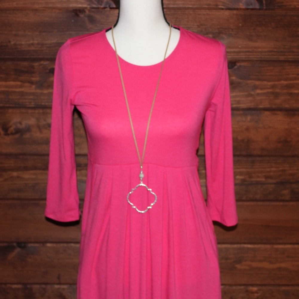 Women's Plus 3/4 Slve Pleated Dress Pocket Fuchsia